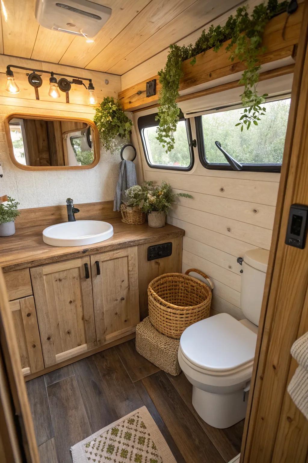 A comfy mobile home washroom with timber accents and all-natural decoration.
