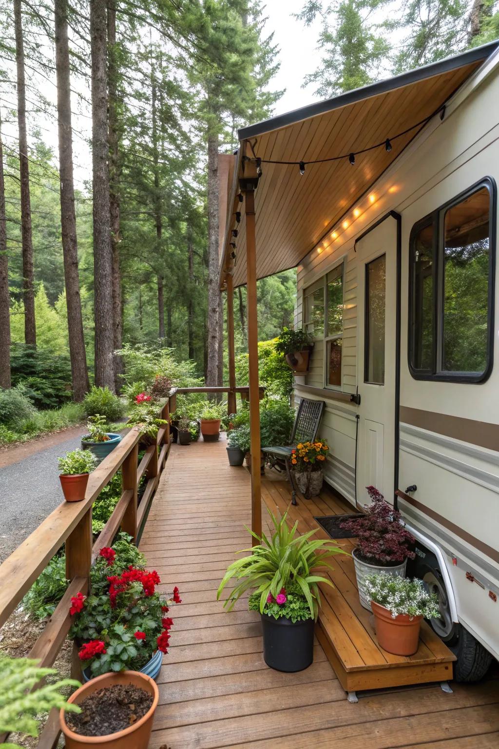 Nature-centric ornaments infusing vitality into a camper's porch.