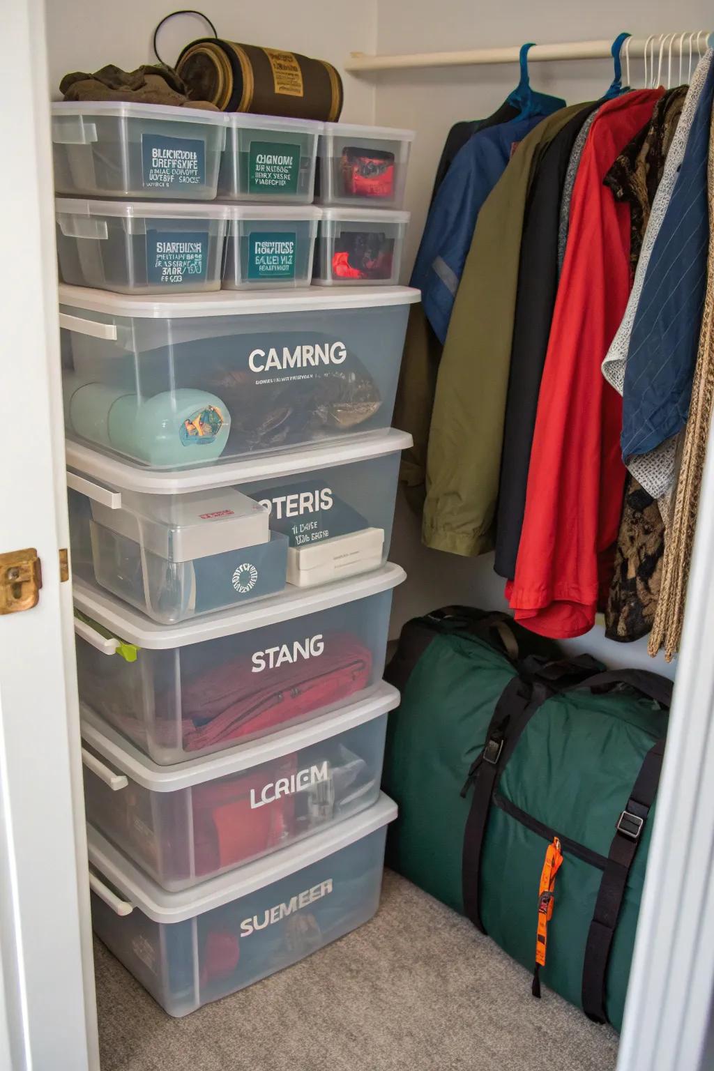 Transparent containers keep small camping items organized and visible.