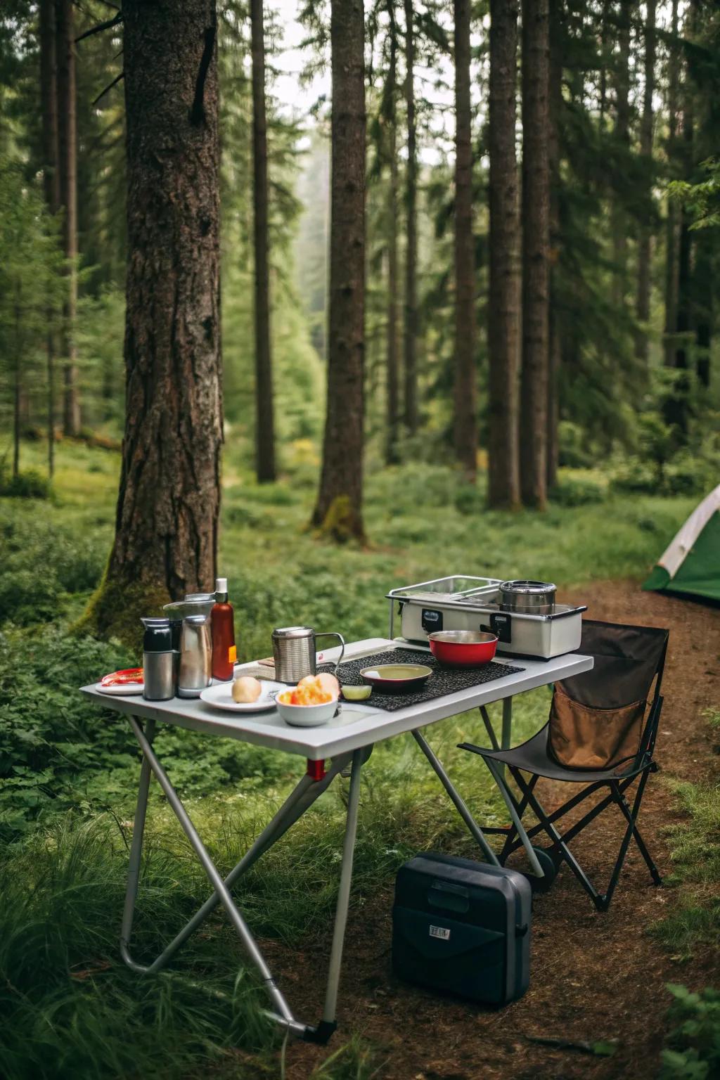 A folding table serves as both prep area and dining surface.