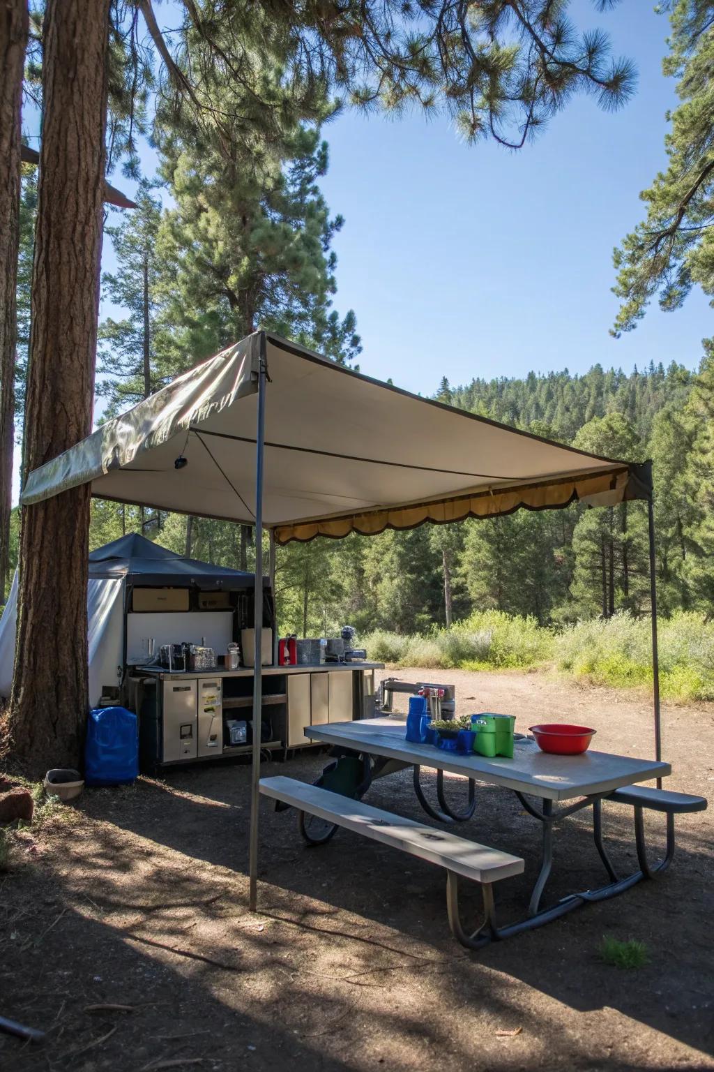 A tarp offers crucial defense for an open-air kitchen.