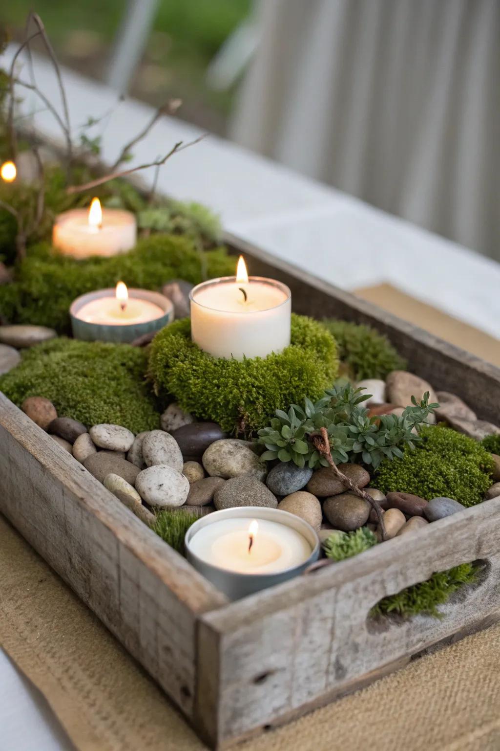 A countryside-themed wooden tray presenting tea lights and natural adornments.