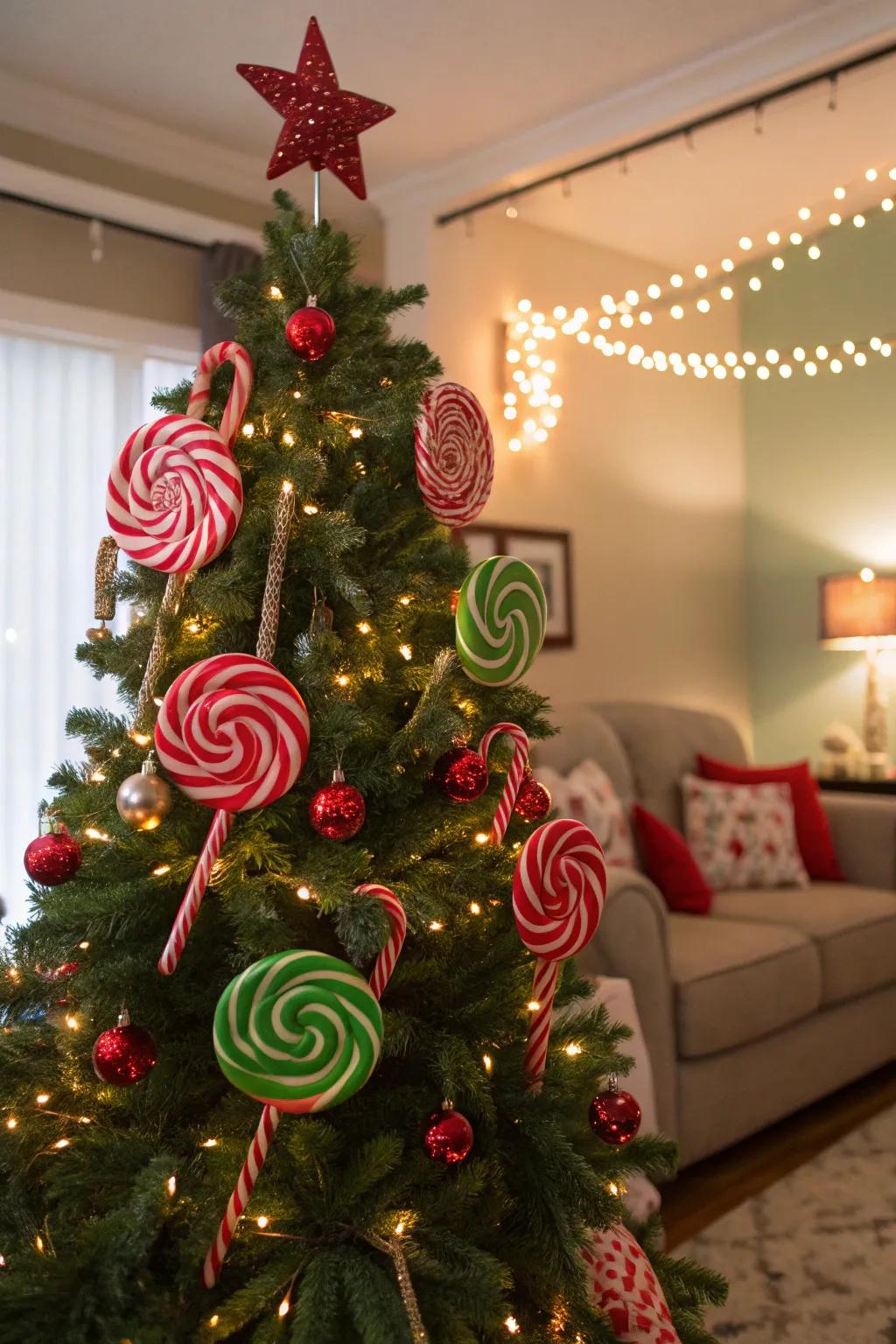 Playful larger-than-life decorations for a playful sweet stripe tree.