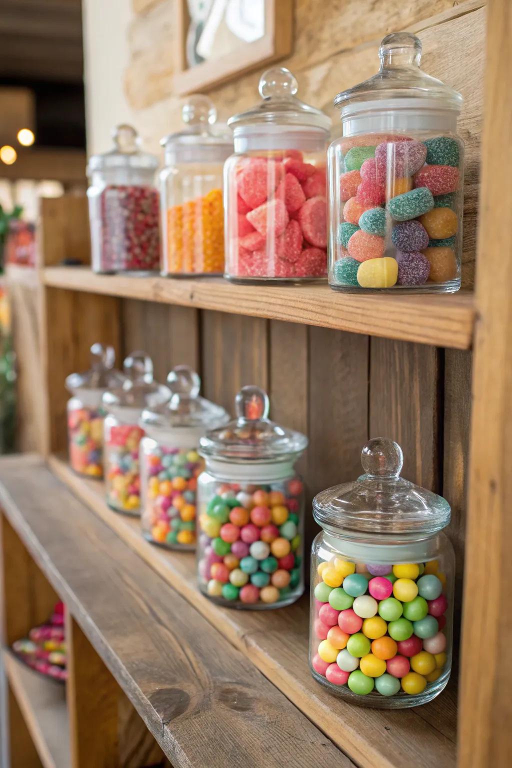 Sophisticated glass containers exhibiting vibrant sweets.