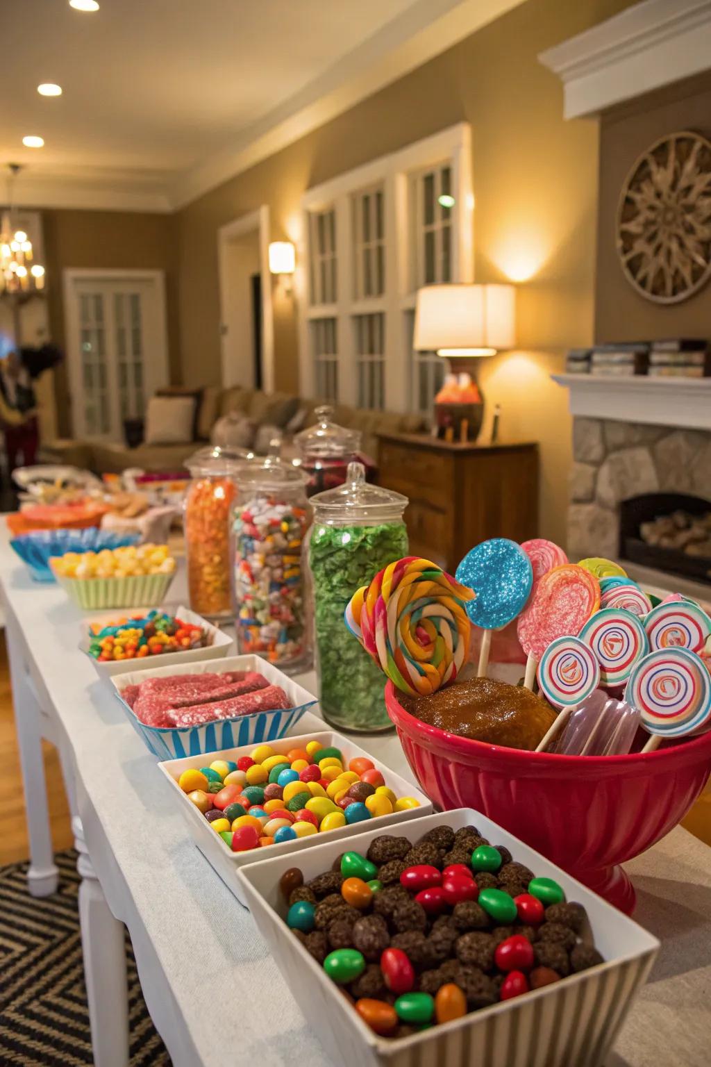 A candy station overflowing with a delightful variety of sweets