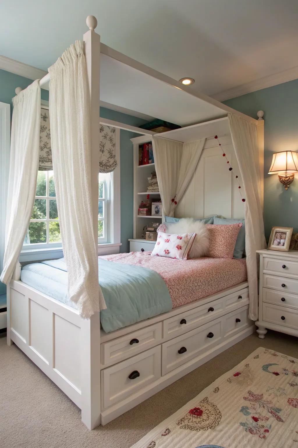 A four-poster bed with integrated storage amplifies practicality.