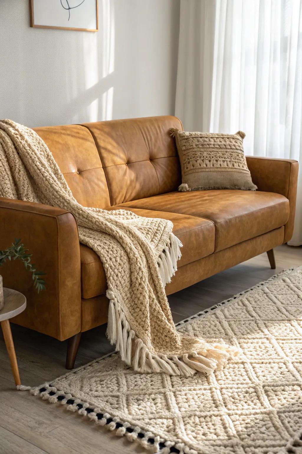 Textured details add depth to a butterscotch sofa setting.