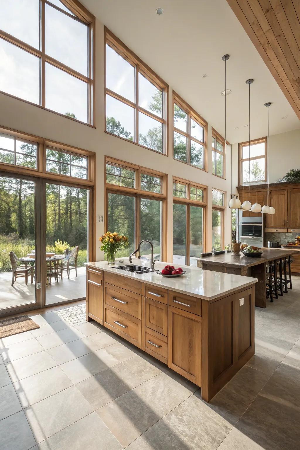 Open spaces and expansive windows for an airy kitchen atmosphere.