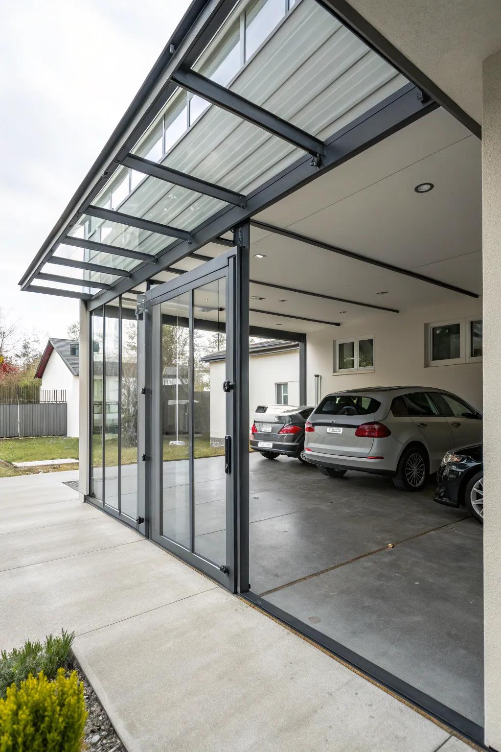 Carport featuring a fusion of glass and metal doors for a sleek, modern aesthetic.