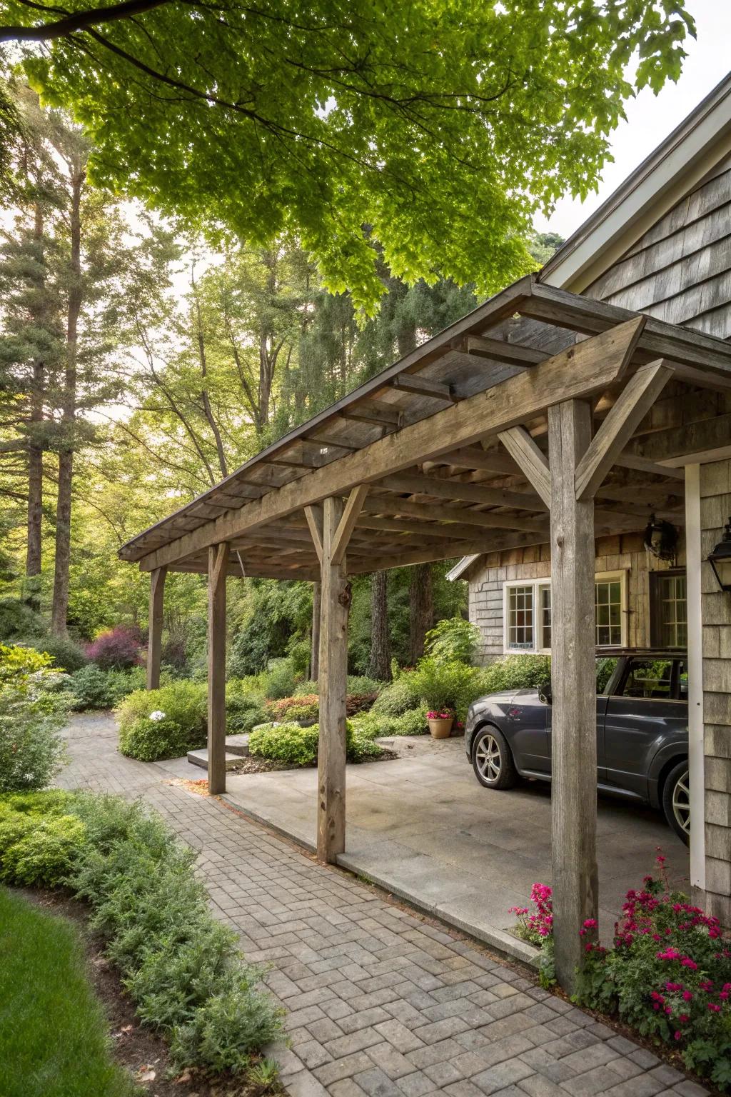 A warm, natural carport that complements its natural surroundings.