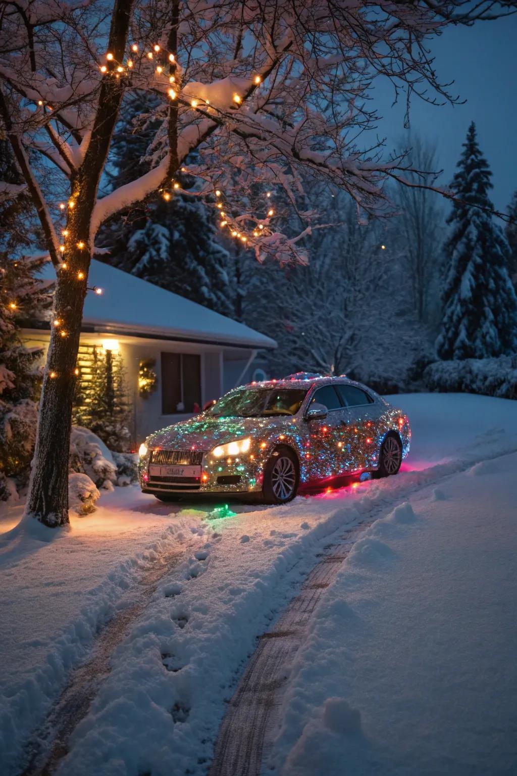 A car shimmering with LED lights, brightening up the winter night.