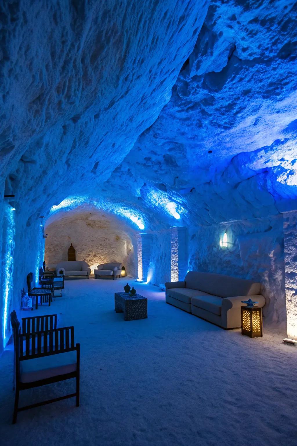 Azure LED lights evoke a mystical cave aura.