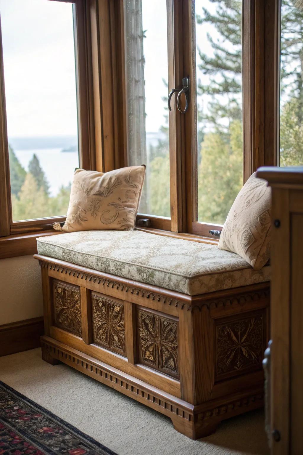 A cushioned blanket chest turns into the quintessential window seat.