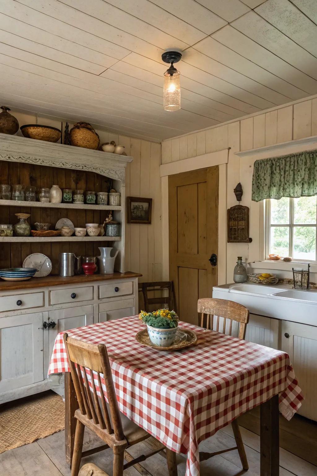 A comfortable kitchen featuring grooved board ceiling panels for a cottage-like touch.