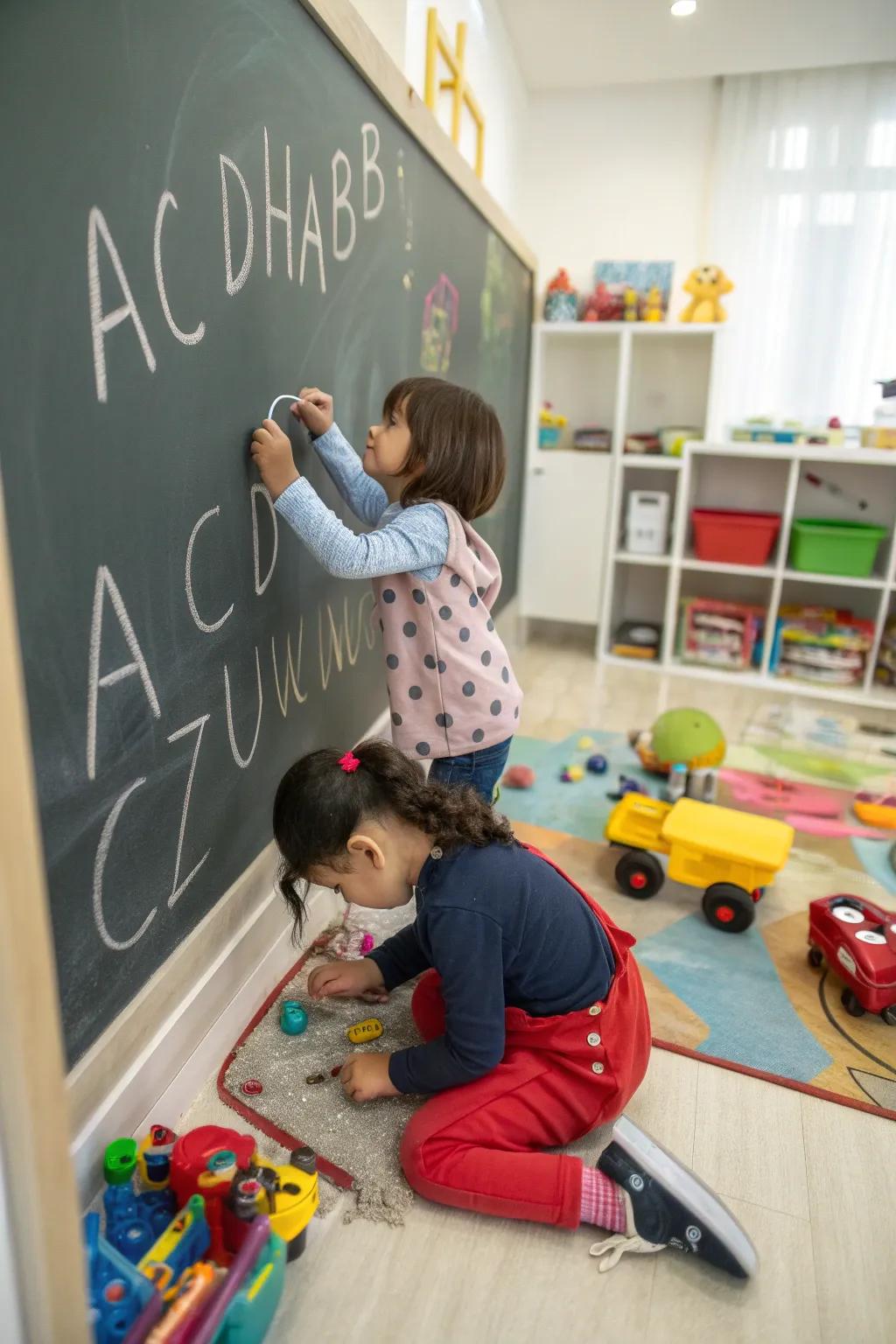 A chalkboard wall featuring an alphabet helps facilitate learning through play.