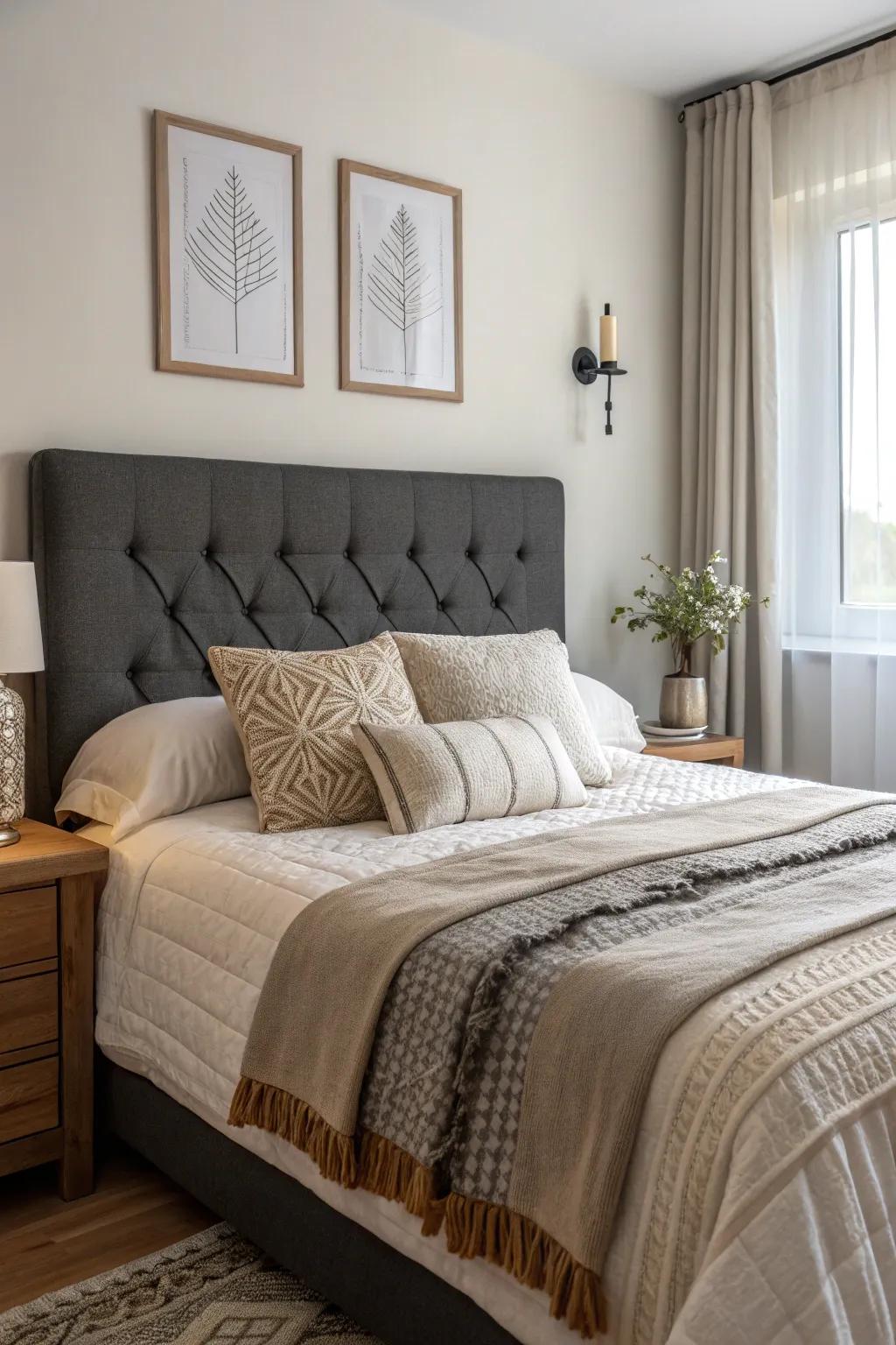 Layered textured bedding contributes richness and relaxation to a deep grey headboard.