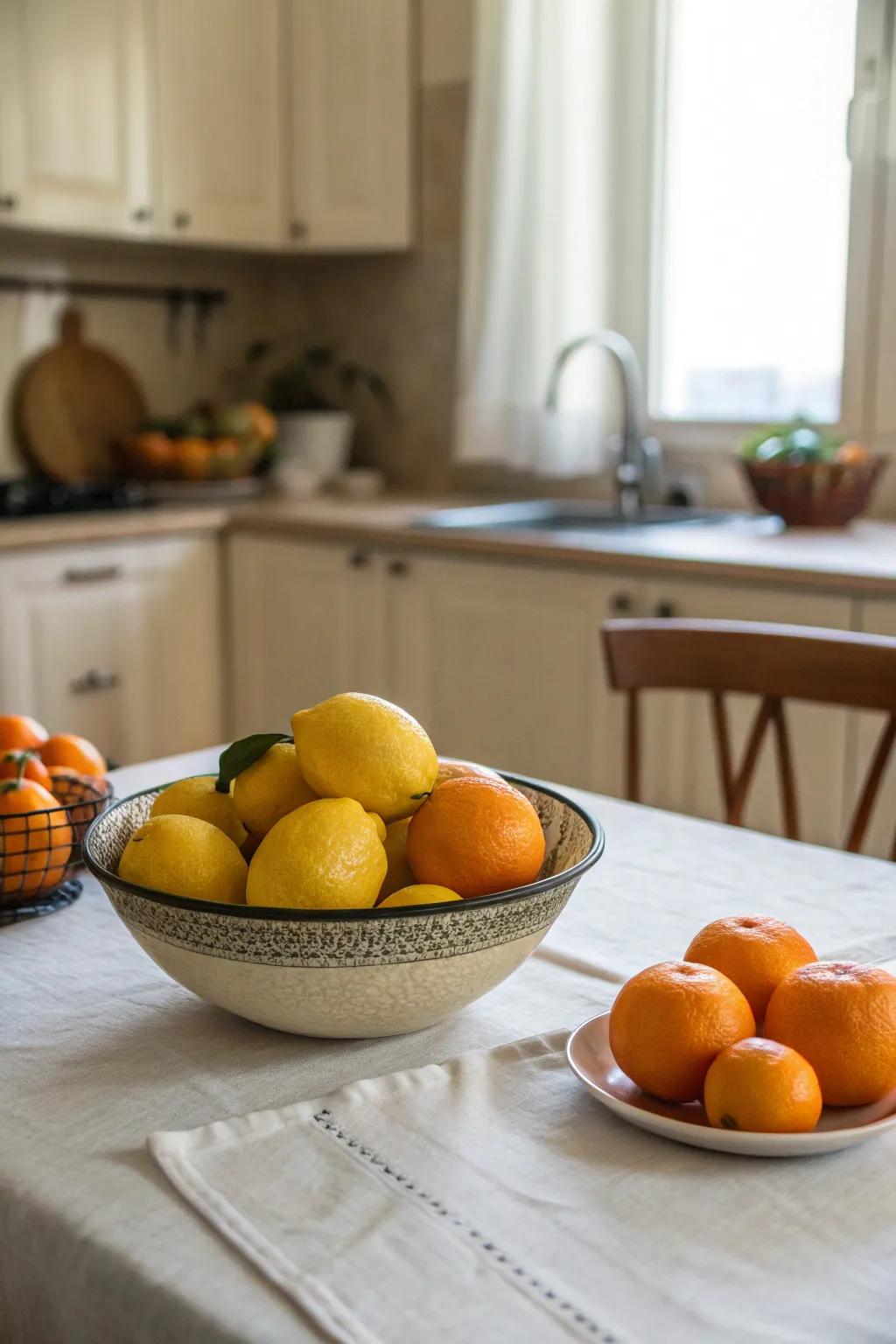 Citrus fruits inject color and a refreshing scent.