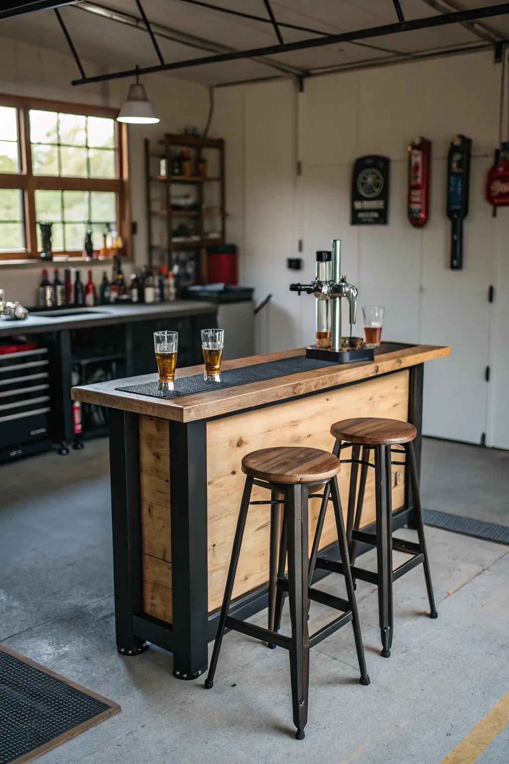 A simple bar layout in the garage supports informal gatherings.