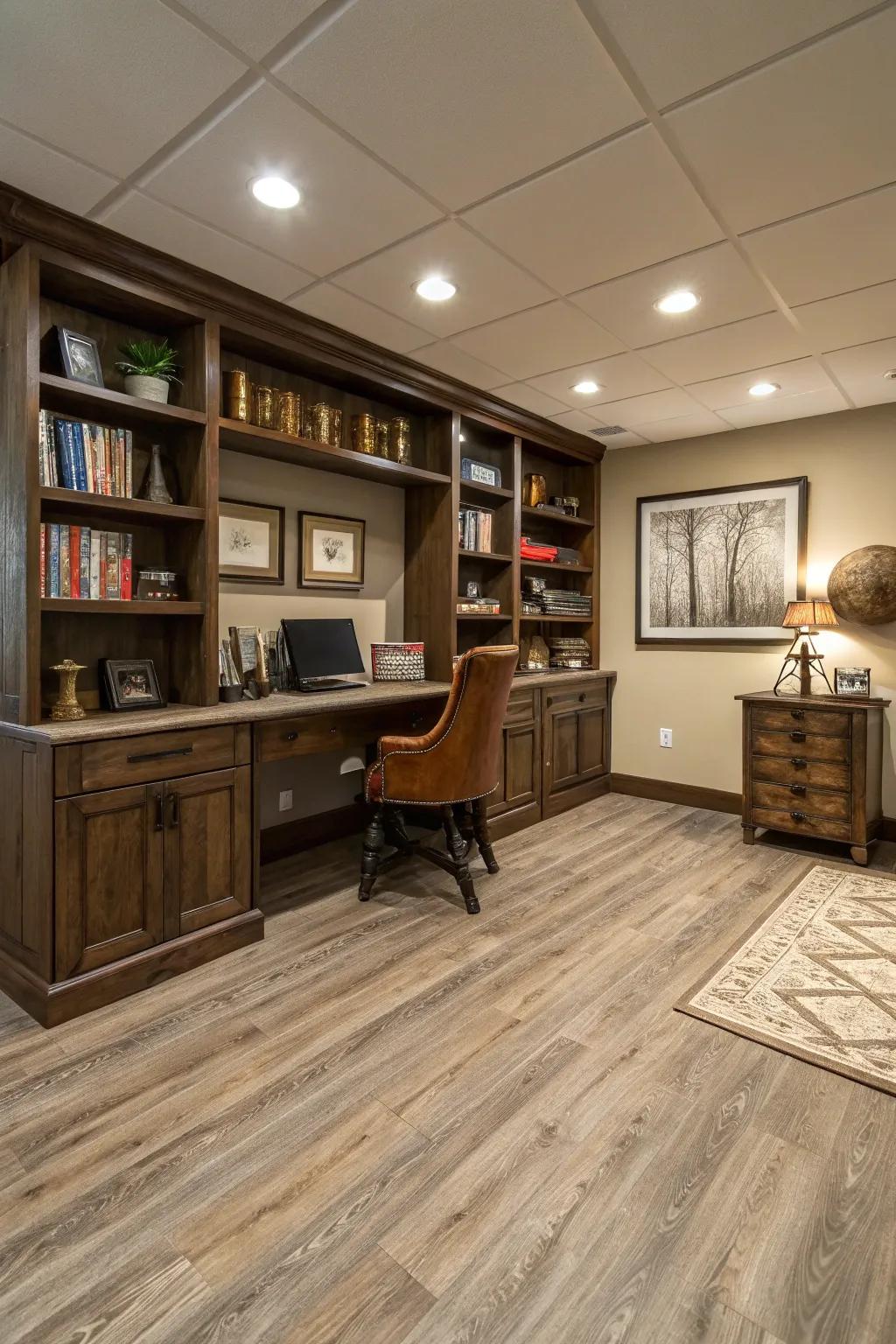 Laminate flooring adds a hint of contemporary elegance to basement spaces.