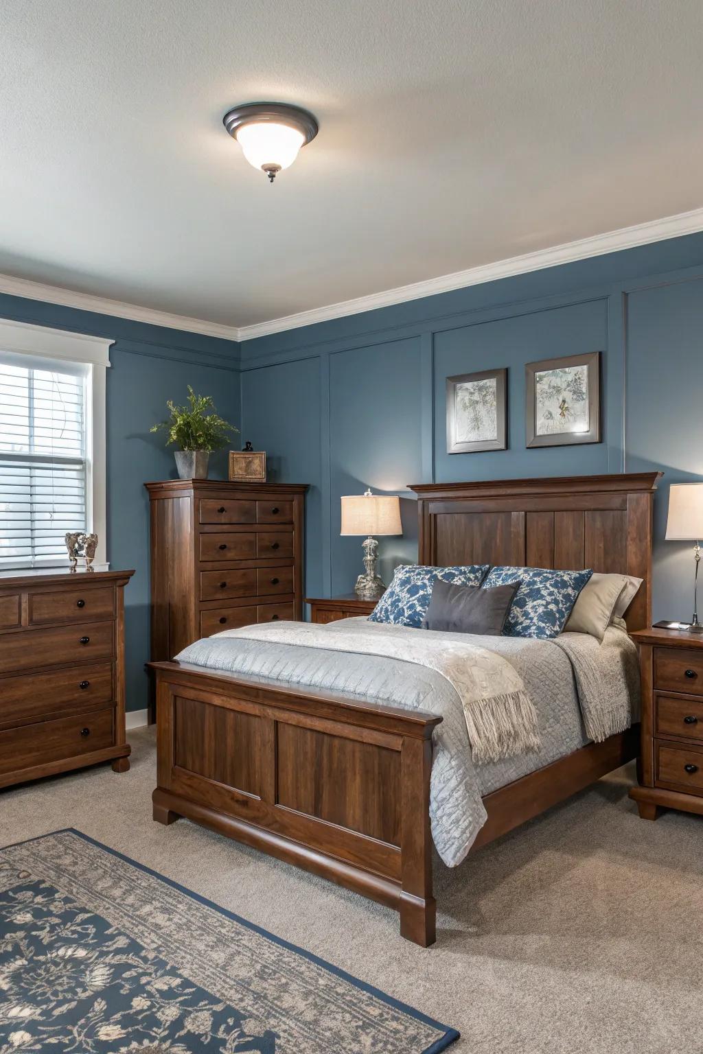 Maple wood furniture offset by serene grey and azure walls.