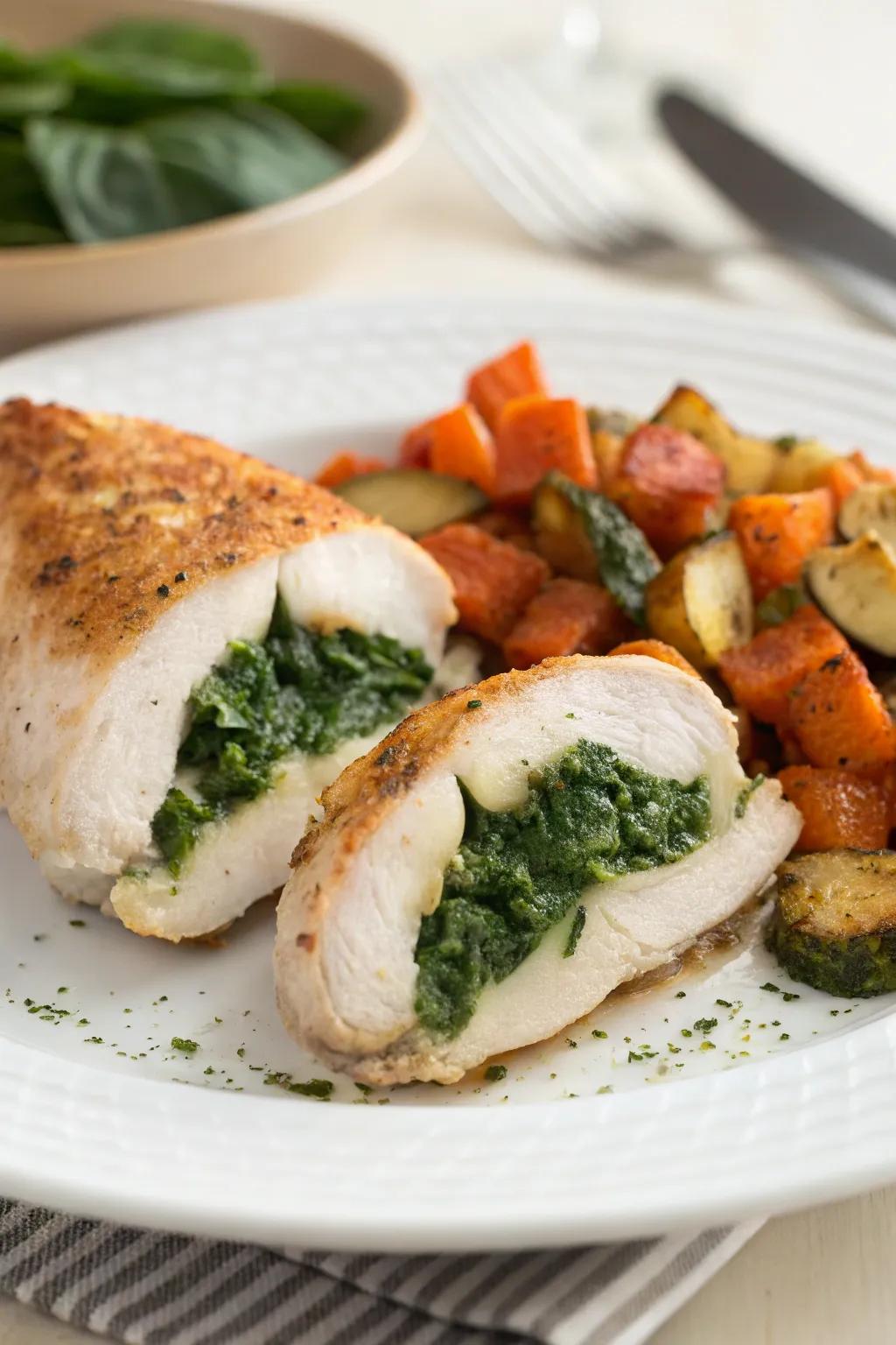 Spinach-filled chicken breasts, a tasty surprise.
