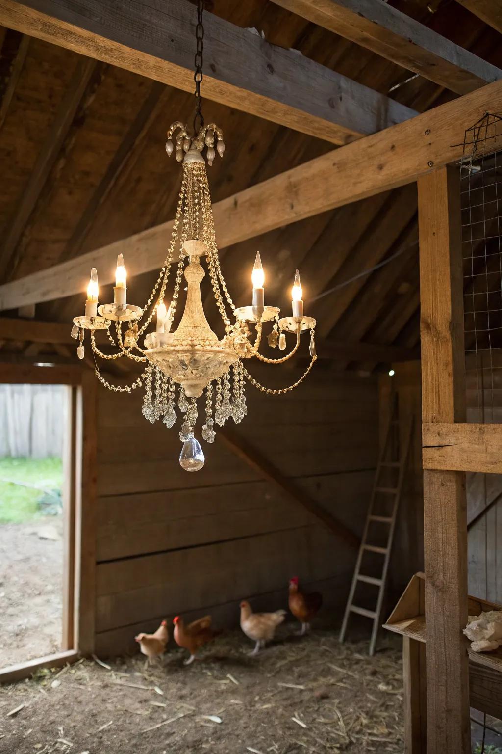 A chandelier imparts a hint of sophistication and playfulness to the coop.