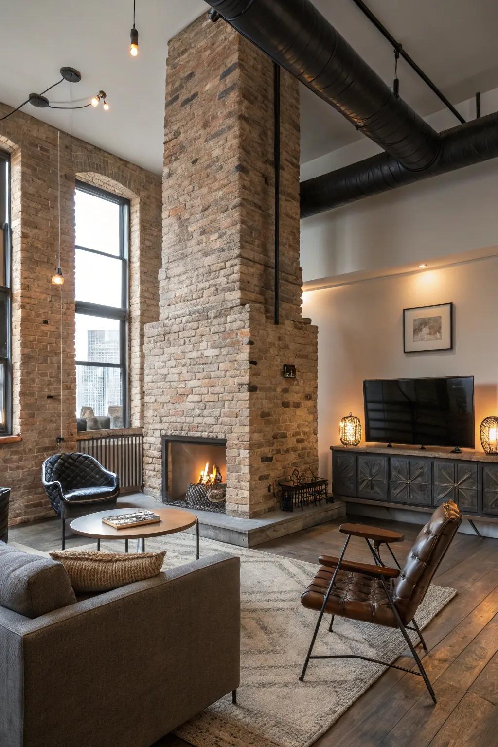 Uncovered brickwork enriches this modern living space with warmth and urban character.