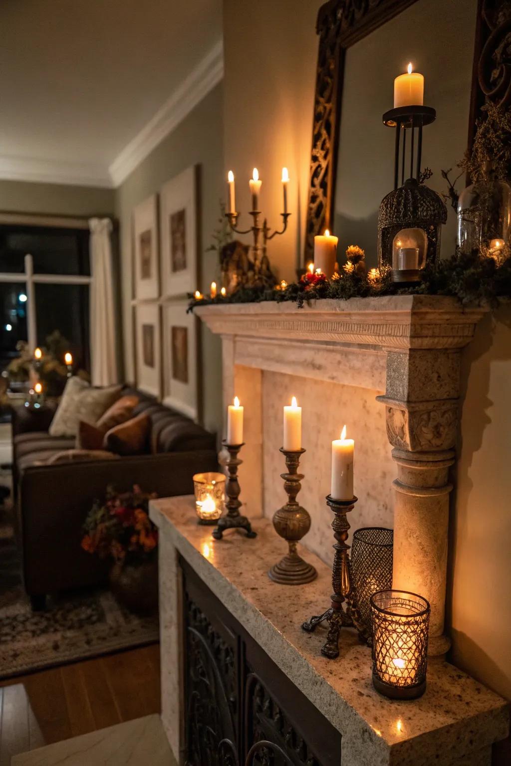 The array of lights atop the mantel introduces an intimate and gracious ambiance.
