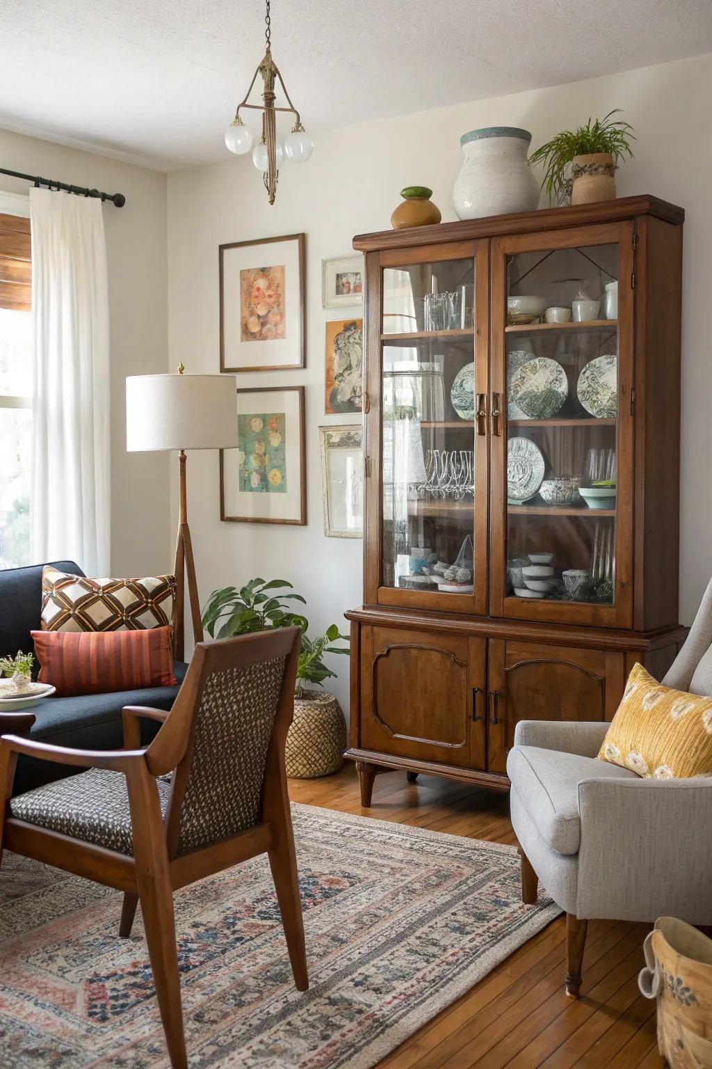 Eclectic living room with a display case as a focal point.