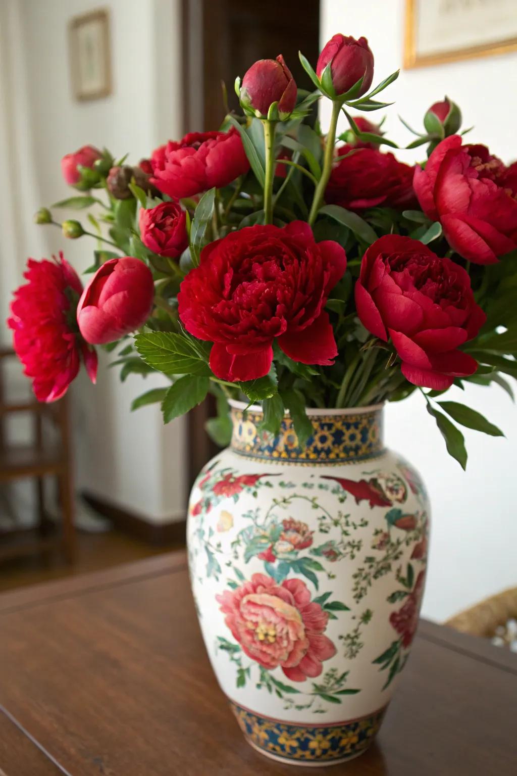 Opulent scarlet blossom arrangement in an elegant container.