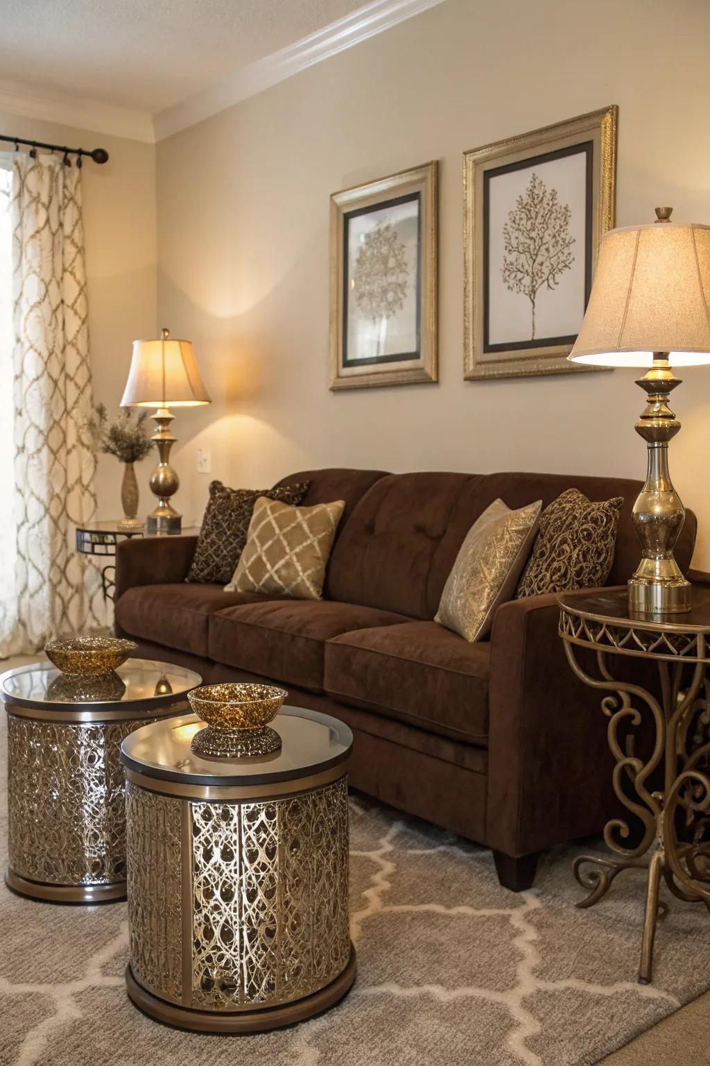 Metallic accents bring a touch of sophistication to a cocoa sofa setting.