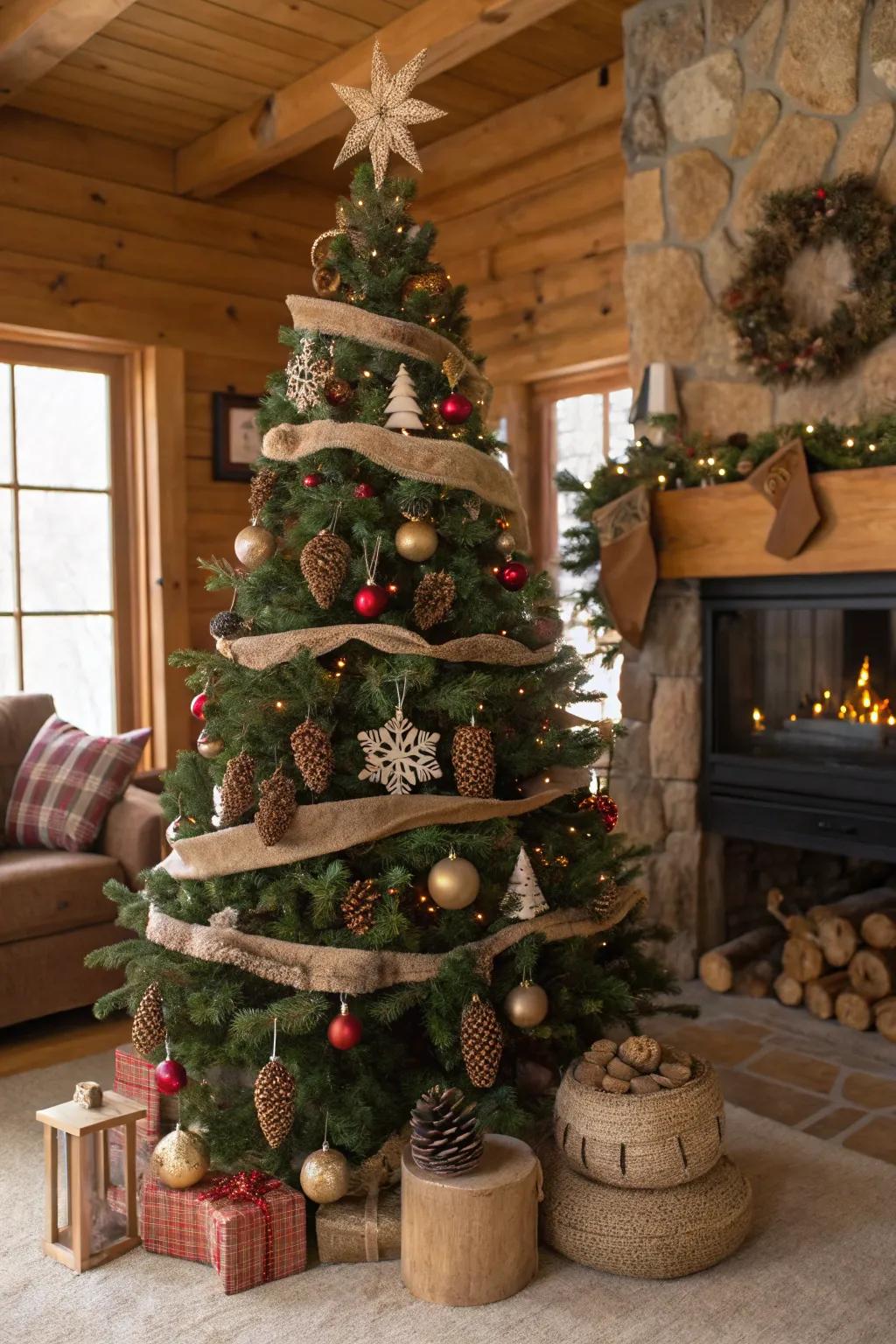 A homespun appeal Christmas bauble tree with verdant components and lumber features.