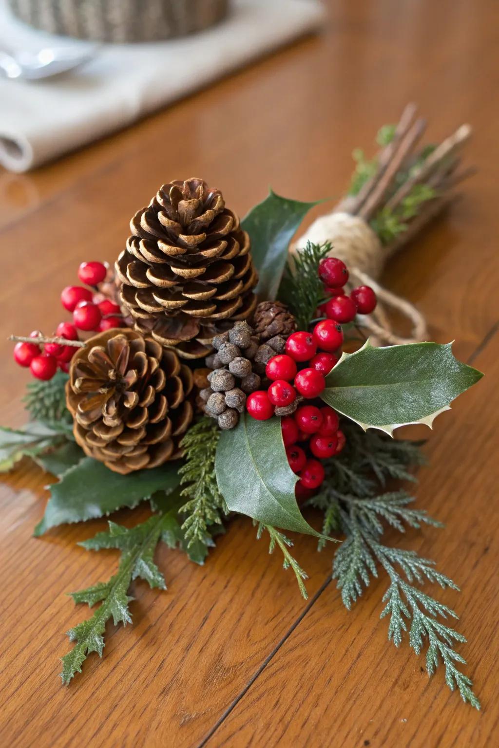 A nature-inspired holiday adornment showcasing miniature cones and berries.