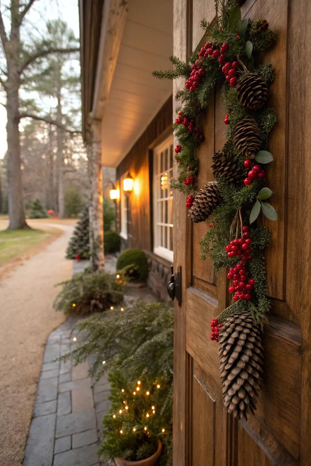 A lovely cone garland beautifully frames this front door.