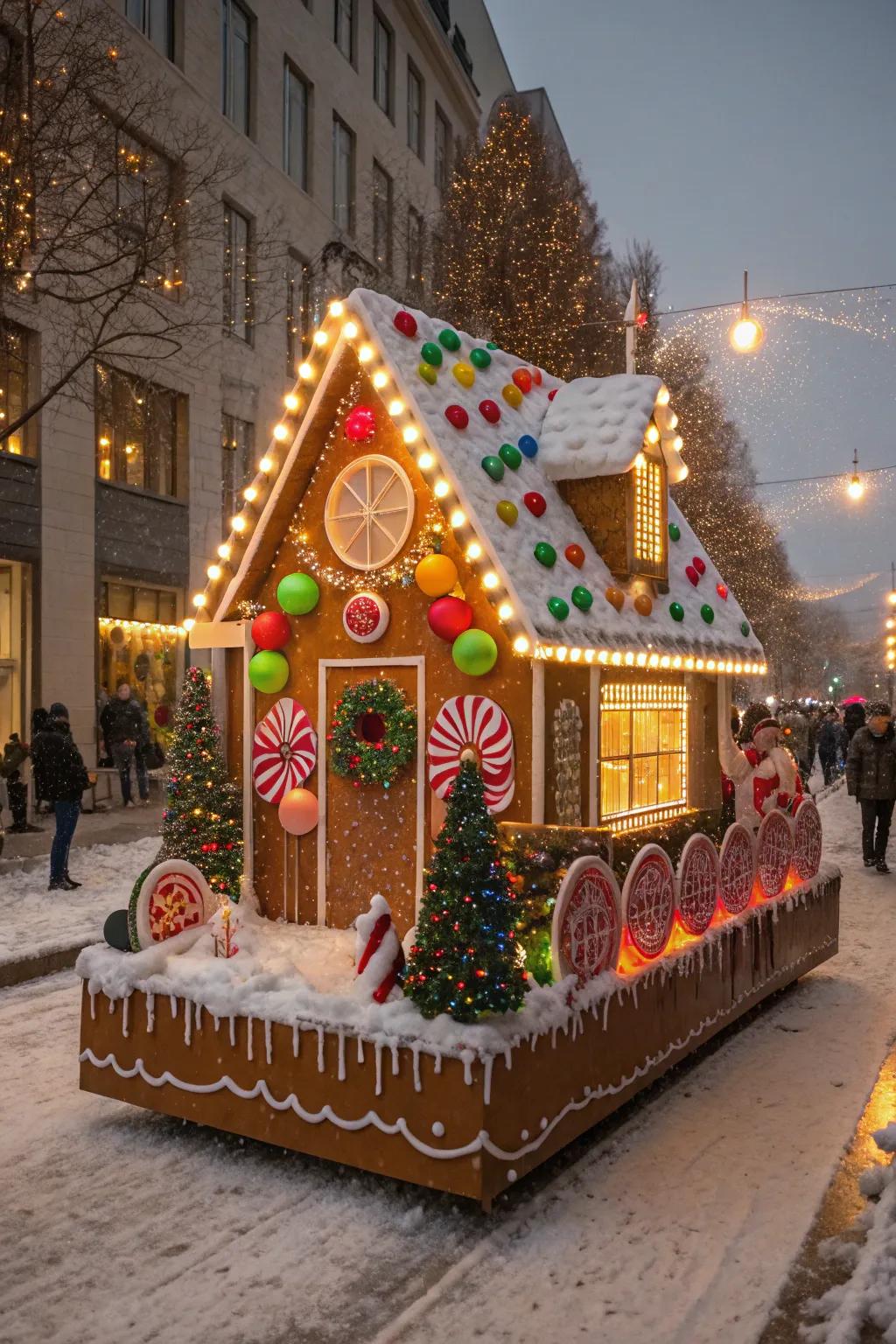 A charming gingerbread house float, brimming with vibrant candy embellishments.