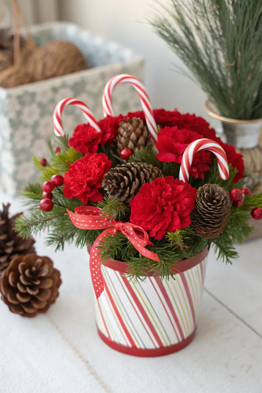 A spirited Christmas bunch showcasing striped treats and crimson blooms.