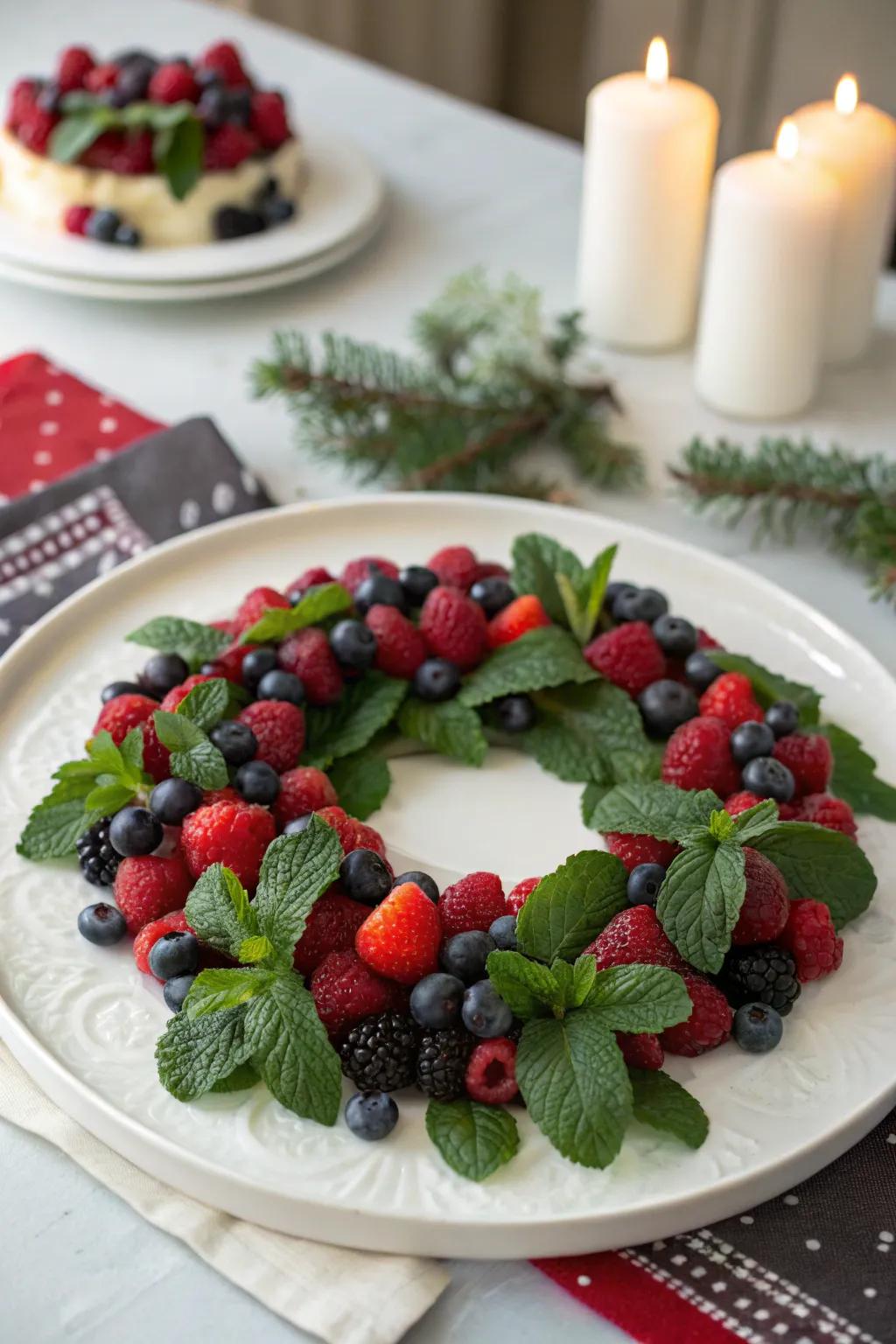 A revitalizing berry wreath designed to beautify your holiday table.