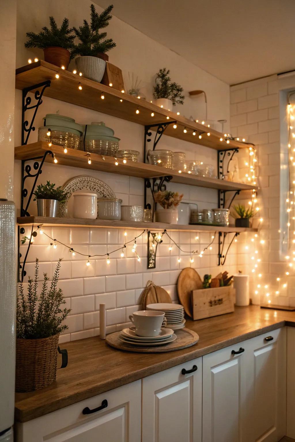 Fairy lights impart a magical luminescence onto kitchen shelving.