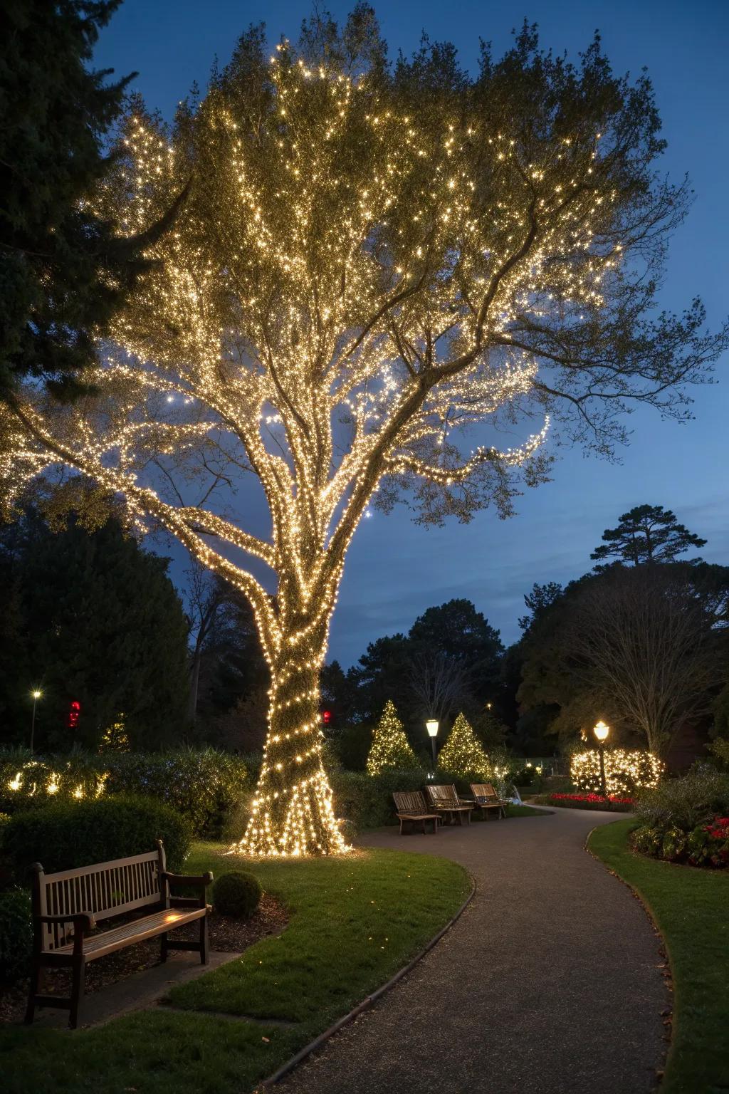 A grand tree enveloped in shimmering lights, conjuring a magical ambiance.