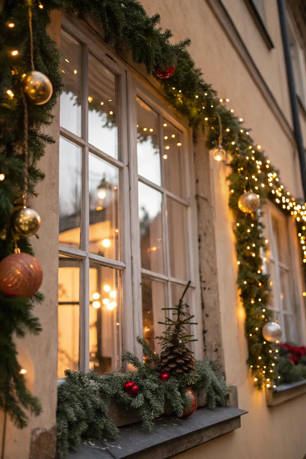 Garlands intertwined with lights create a lush and festive window display.