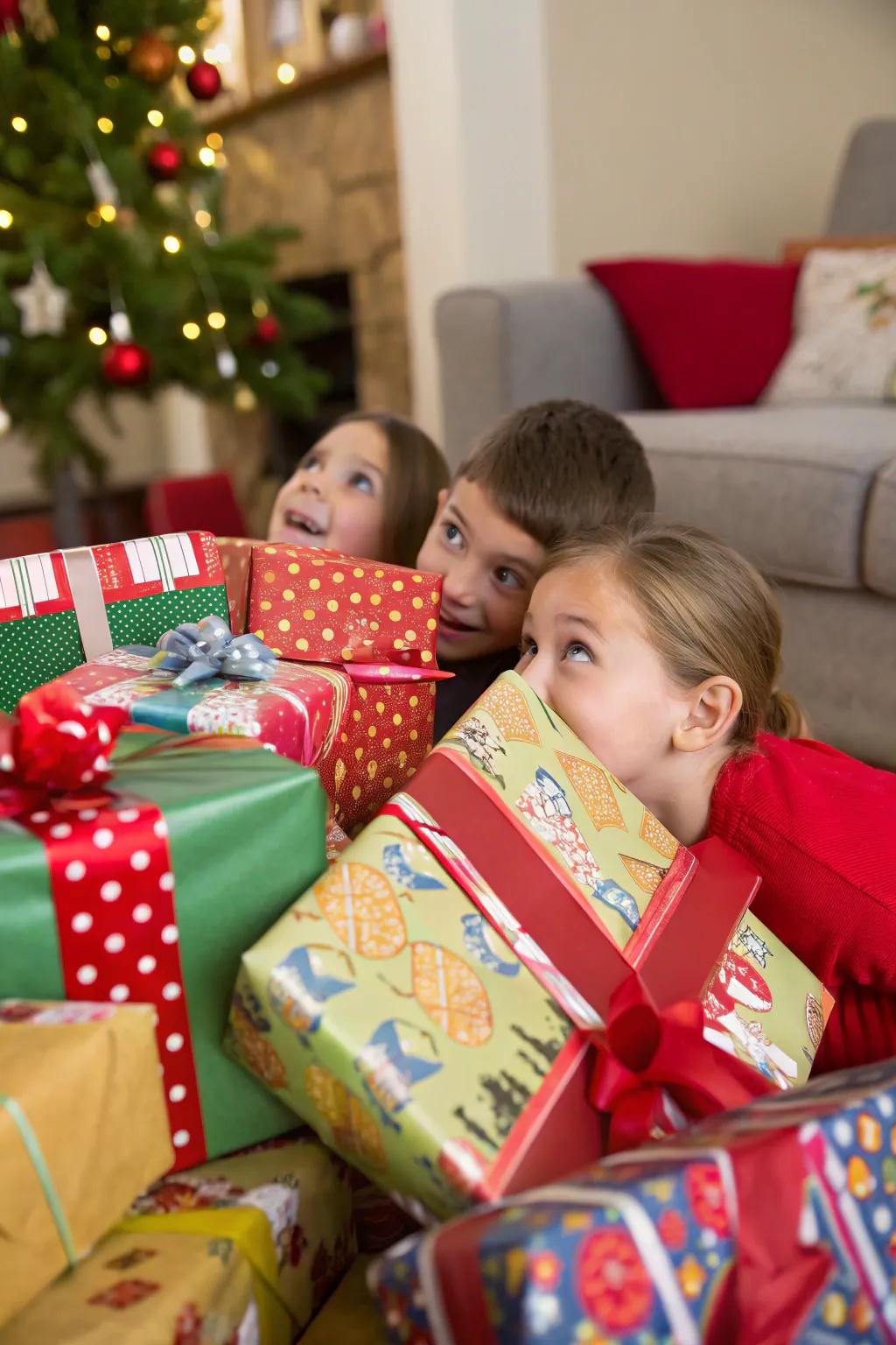 Children peering through a collection of Christmas gifts.