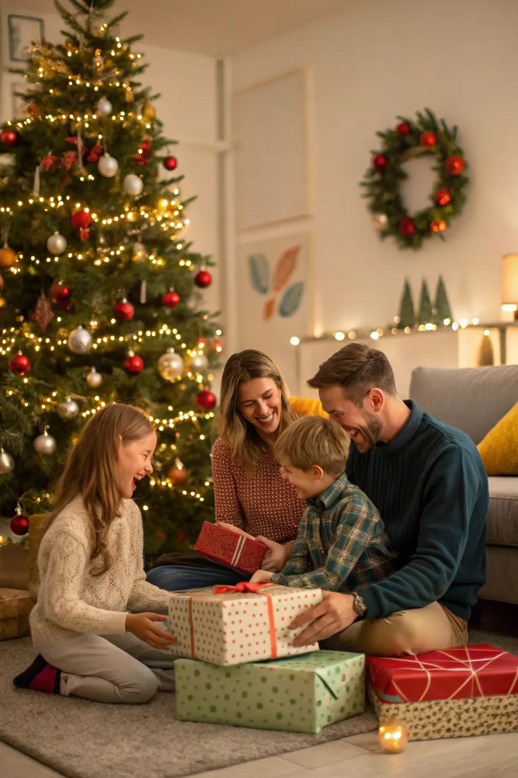 A family joyfully assembled around the Christmas tree, enjoying the thrill of opening gifts.
