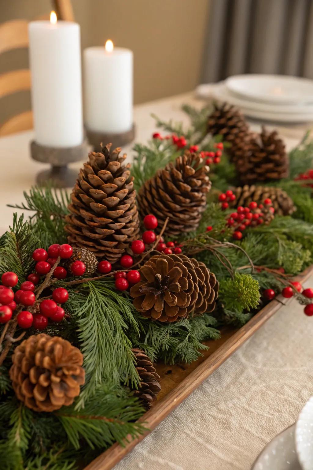 Fir cones infuse organic texture into festive containers.