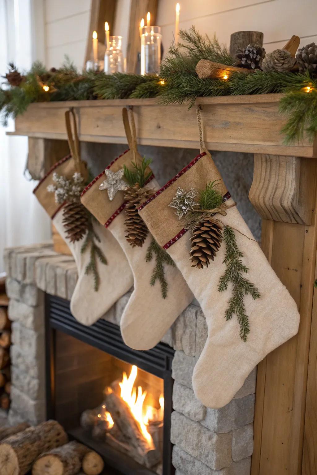 Stockings influenced by nature create an inviting, woodland sensation for the holidays.