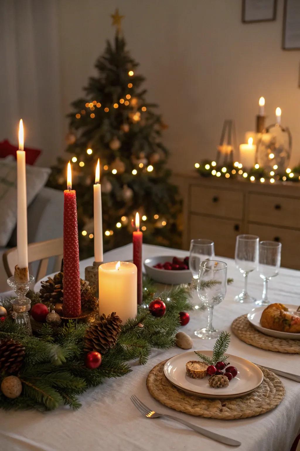 Candles of different heights bring a warm, charming glow to holiday gatherings.