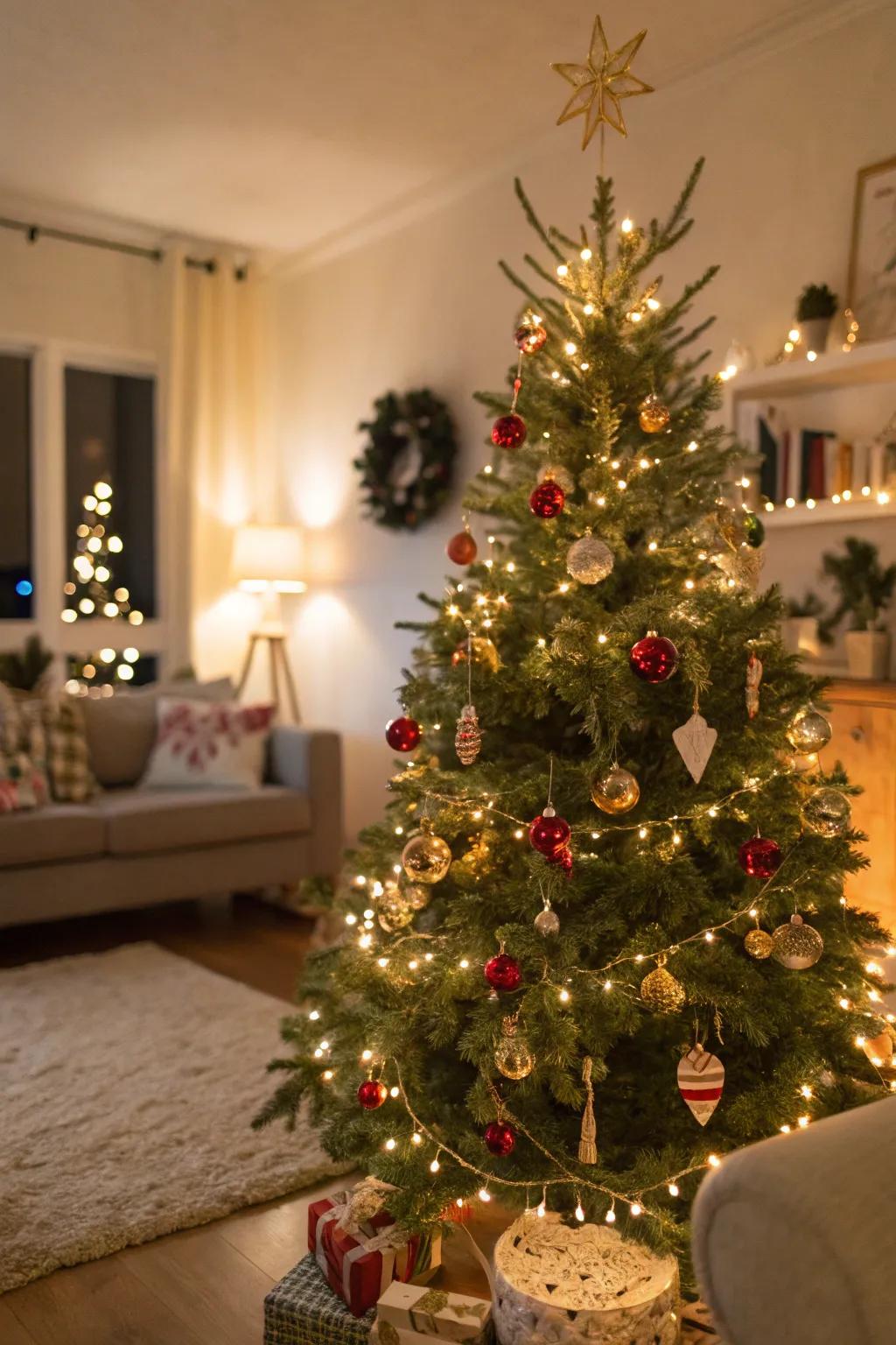 A Christmas tree transformed into a playful figures display.