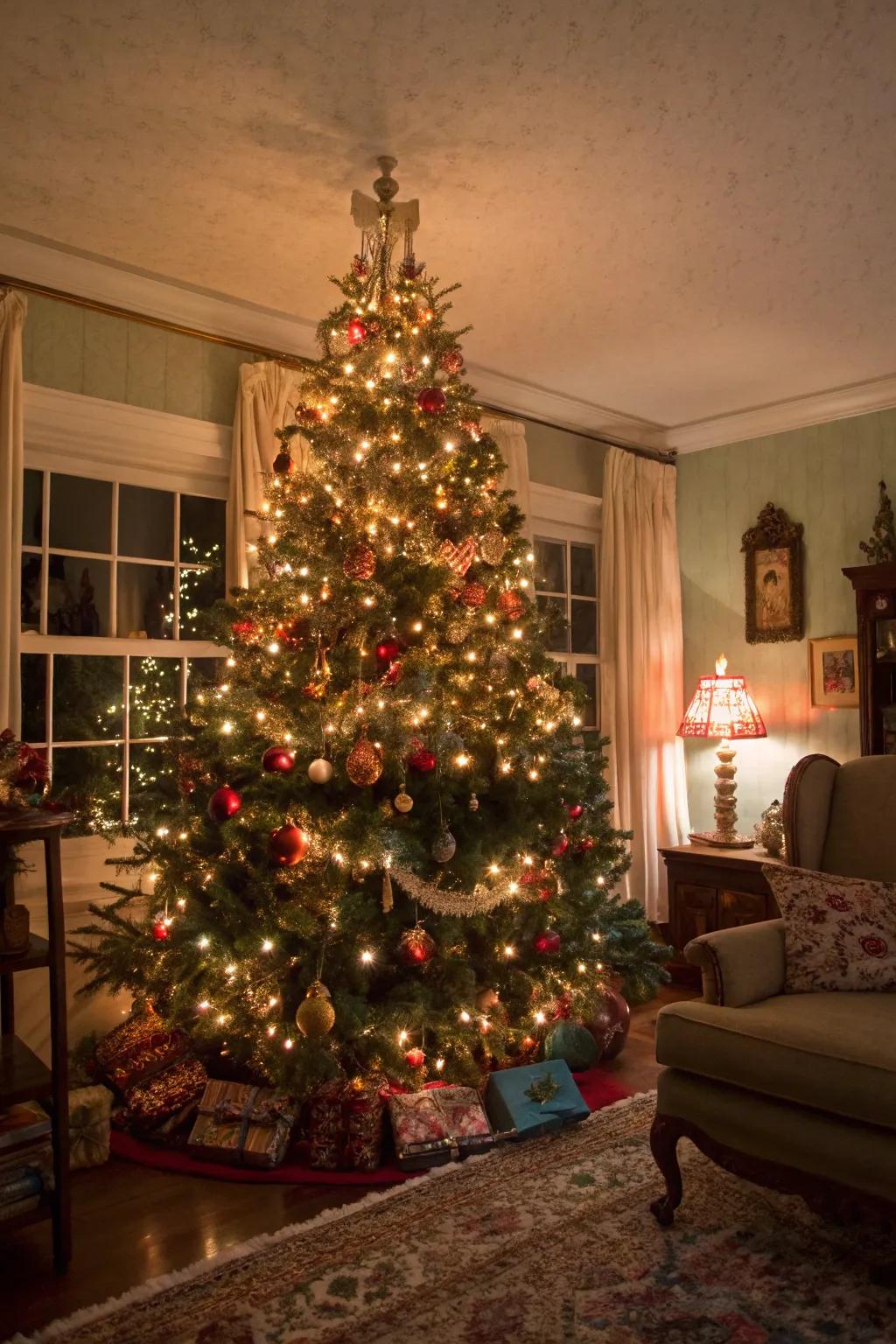 A nostalgic Christmas tree showcasing timeless decorative items and string lights, evoking pleasant holiday recollections.