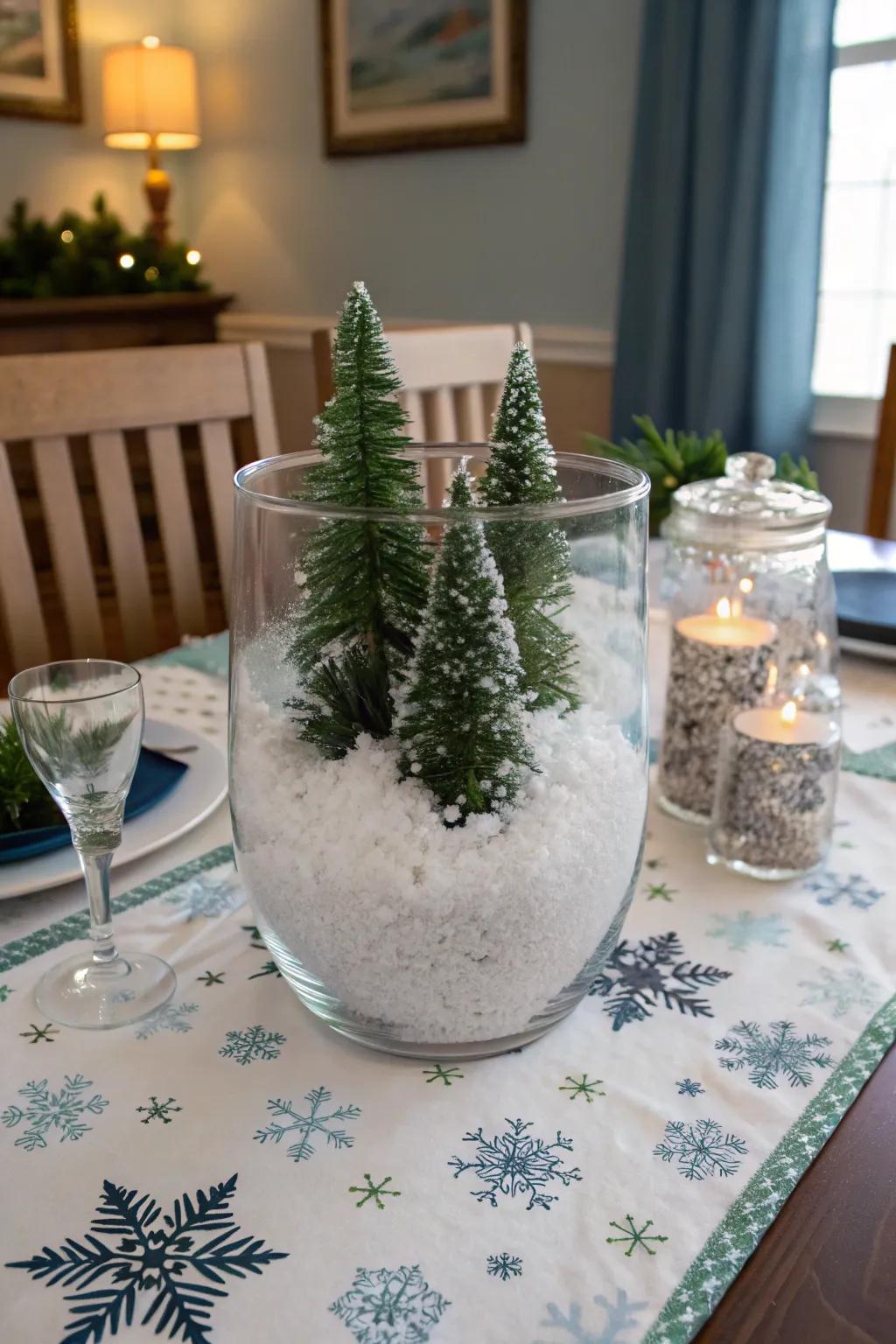 Enchanting cold season: imitation snow next to miniature saplings brings the outdoor environment inside.