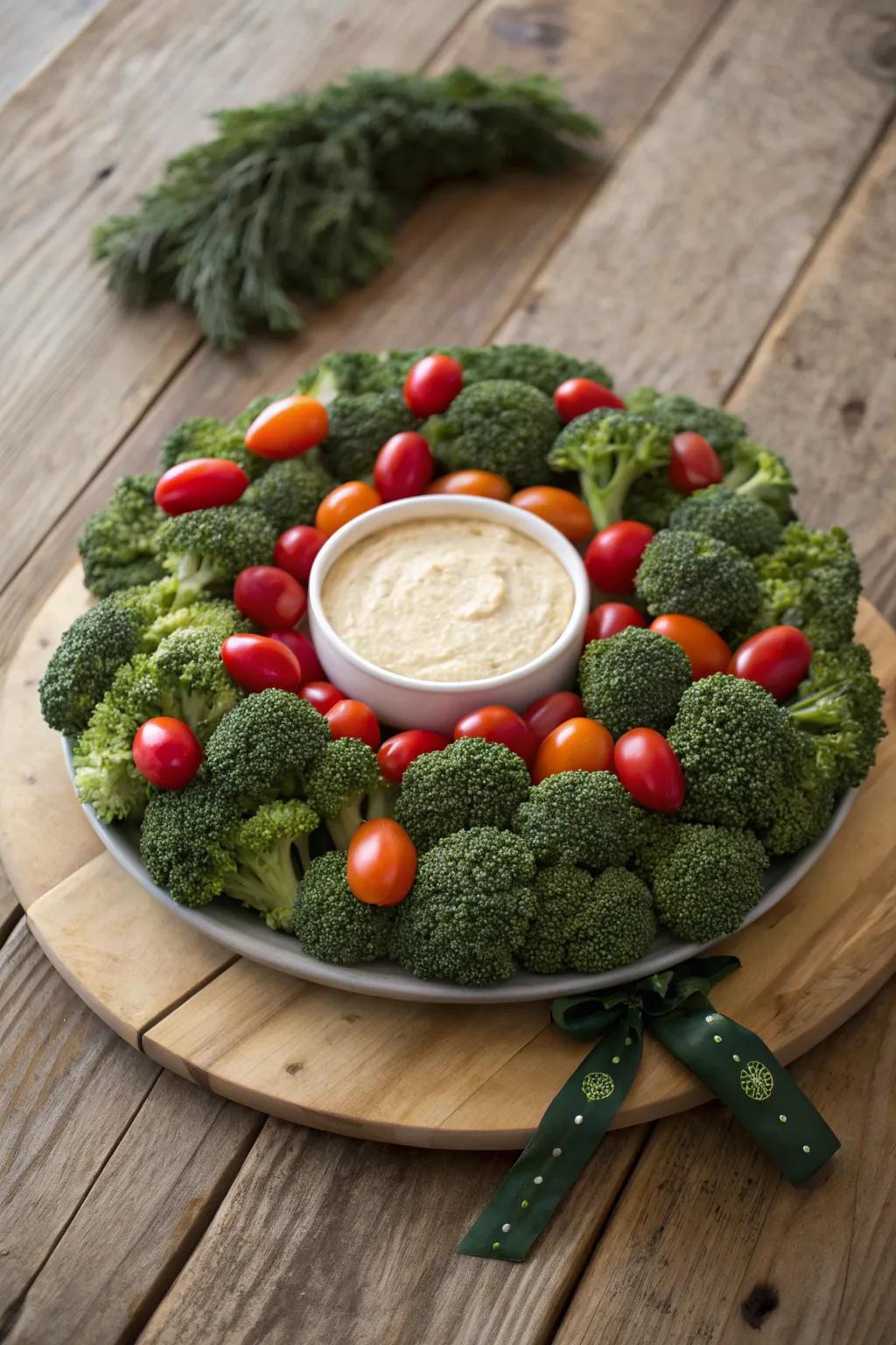 A veggie chaplet arrangement that stands as the quintessential holiday centerpiece.