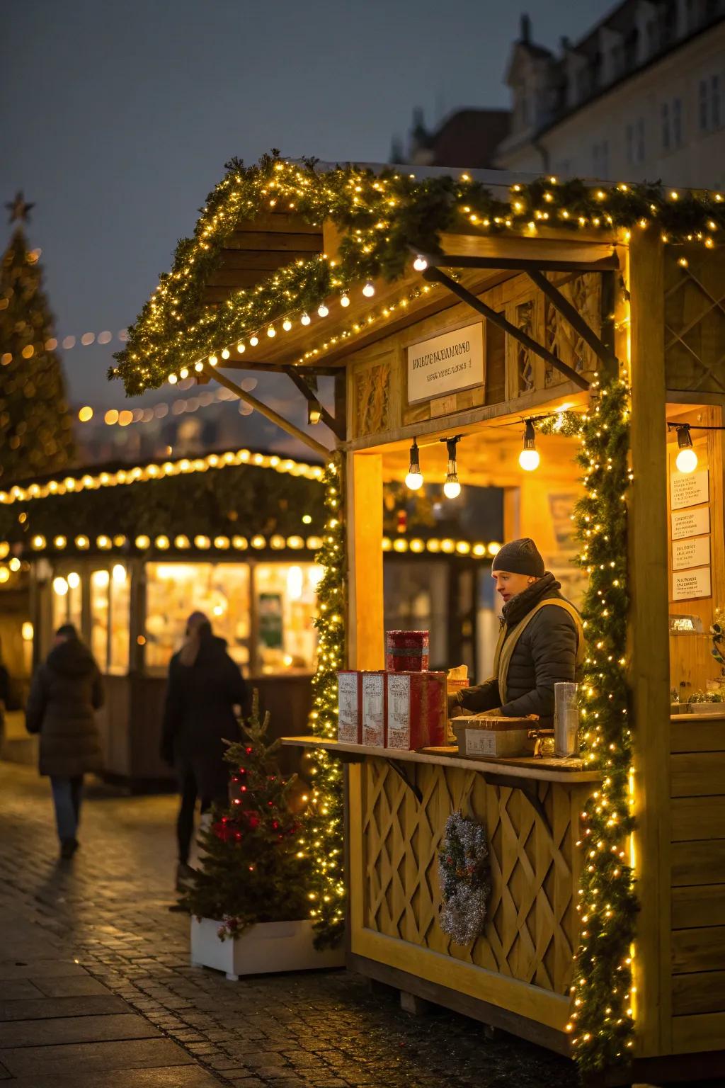 Warm seasonal lighting engenders a welcoming shimmer for your stall.
